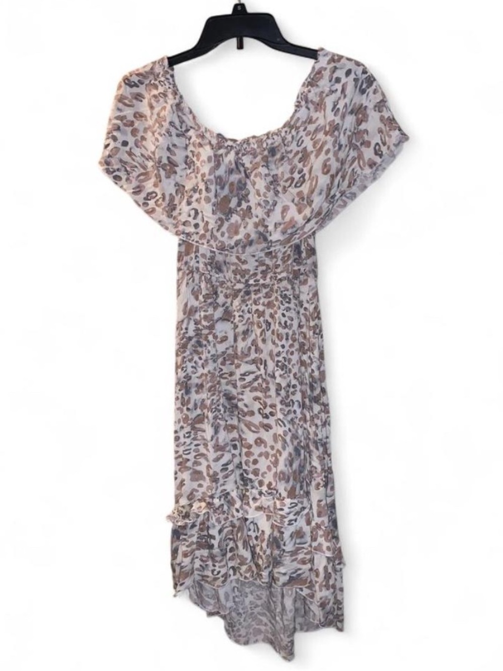 Beige and Brown Leopard Print High-Low Dress